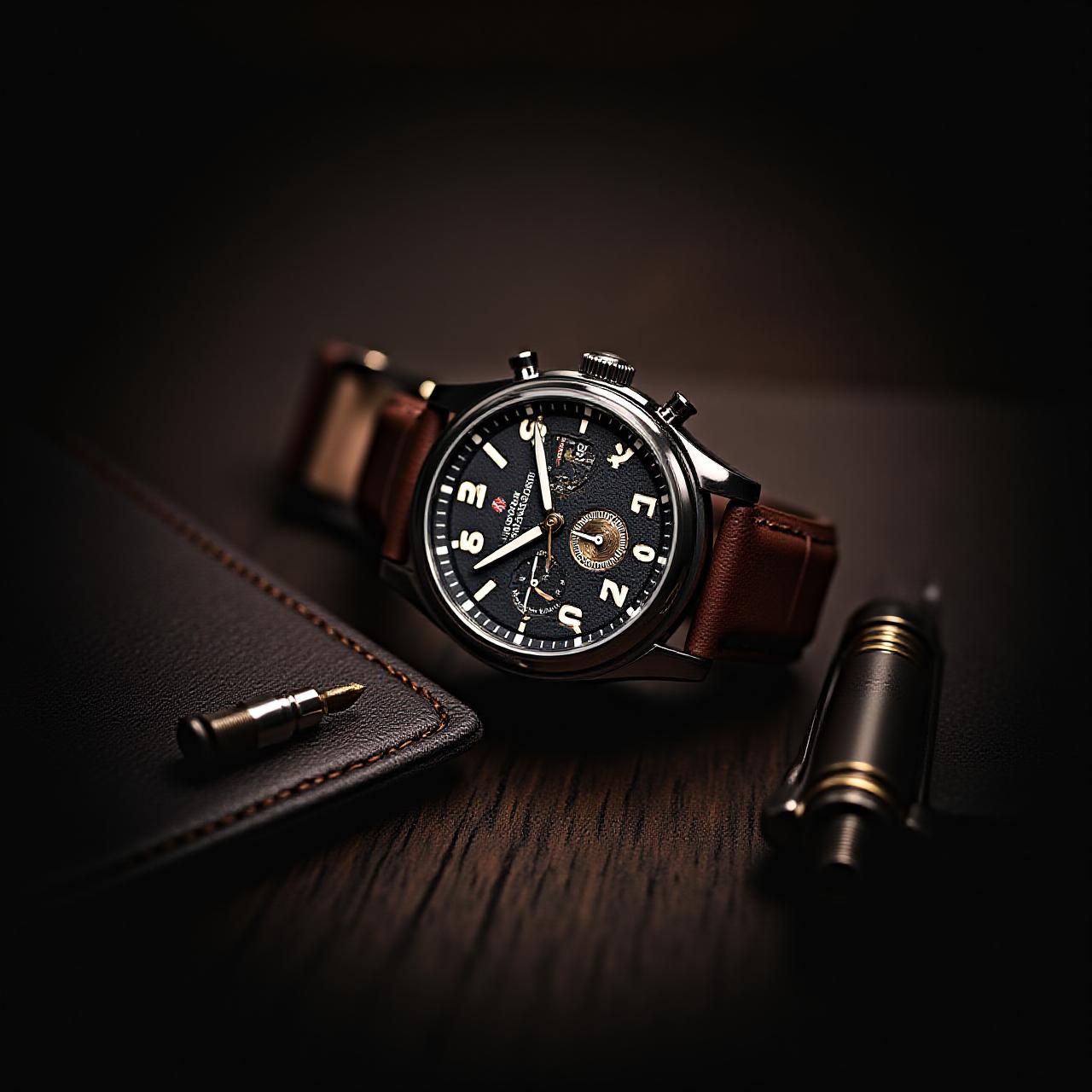 Эксклюзивные мужские часы и кожаные аксессуары на деревянном столе